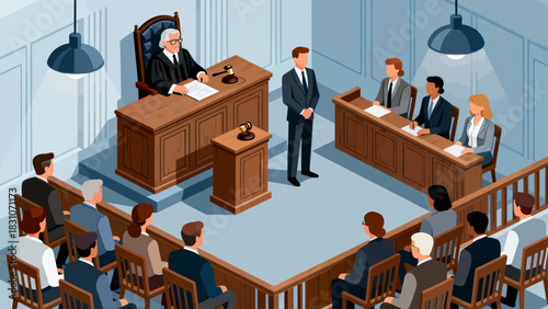 This isometric illustration depicts a formal courtroom setting where a judge presides at the bench, with lawyers, participants, and a jury seated in designated areas, all arranged around wooden furnit