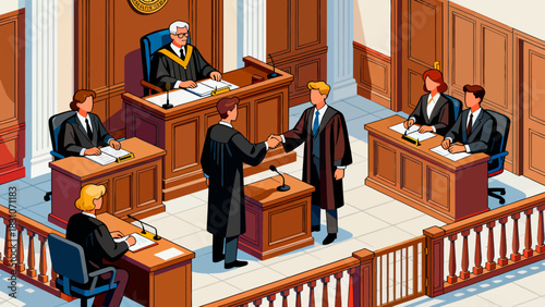 This isometric illustration depicts a formal courtroom setting where a judge presides at the bench, with lawyers, participants, and a jury seated in designated areas, all arranged around wooden furnit