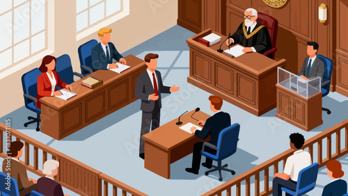 This isometric illustration depicts a formal courtroom setting where a judge presides at the bench, with lawyers, participants, and a jury seated in designated areas, all arranged around wooden furnit