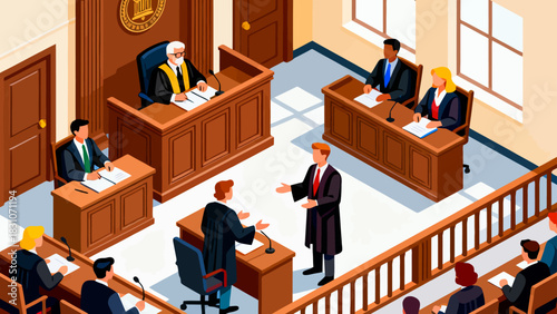 This isometric illustration depicts a formal courtroom setting where a judge presides at the bench, with lawyers, participants, and a jury seated in designated areas, all arranged around wooden furnit