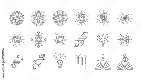 Fireworks and Festive Ornaments: A curated collection of linear illustrations showcasing celebratory fireworks and intricate ornaments, perfect for design and embellishment.
