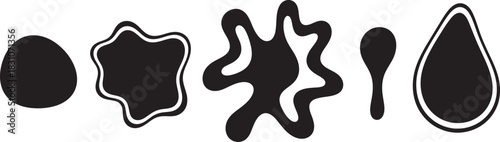 Abstract black blob shapes, paint splatters, liquid drops, unique graphic vector elements and minimalist designs. Vector