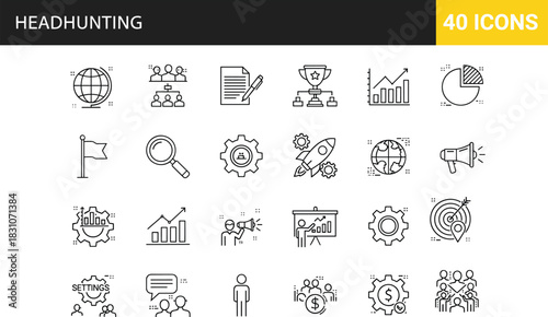 Linear vector icon set regarding business strategy, marketing growth, team management, and financial success symbols isolated on white background.