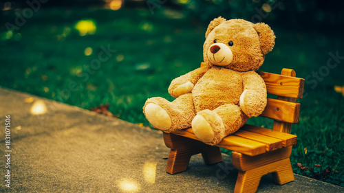 Lonely teddy bear sits on a small wooden bench outdoors