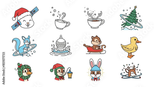 Festive winter illustrations: A collection of cheerful and whimsical illustrations, capturing the spirit of winter through adorable animal characters and festive objects. 