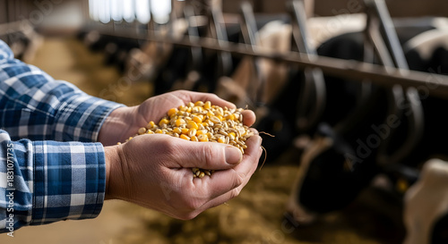 Dairy Farm Worker Caring for Livestock Holding Corn Feed  Nourishing Cattle with Nutritious Food  Healthy Livestock Promoting Sustainable Farming Practices Globally