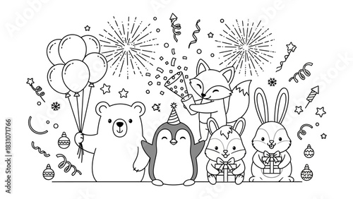 Celebration Friends: Joyful animals celebrating a festive occasion with balloons, confetti, and fireworks, a whimsical and celebratory scene.