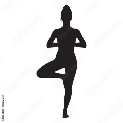 A black silhouette of a woman in a yoga tree pose demonstrating balance and mindfulness isolated on white background silhouette