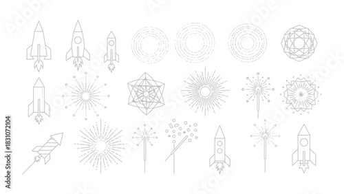 Cosmic Collection: An artistic array of rockets, fireworks, and intricate geometric designs, evoking a sense of wonder and cosmic exploration.