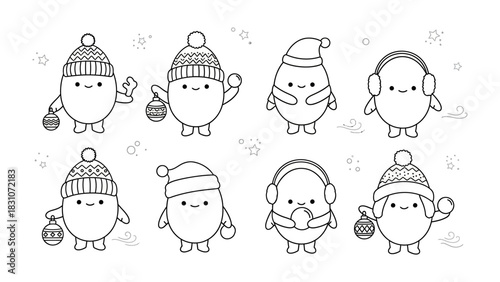 Eggshell Characters in Winter: A collection of charming eggshell characters, adorned in winter attire, embodying the joy of the festive season.