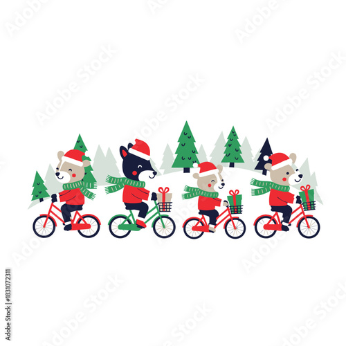 Festive animal cyclists enjoy winter wonderland, spreading joy through a snowy landscape,