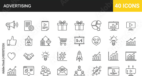 Digital marketing icon set, social media strategy symbols, business growth, startup rocket, analytics graph, seo, line art vector collection, advertisement.