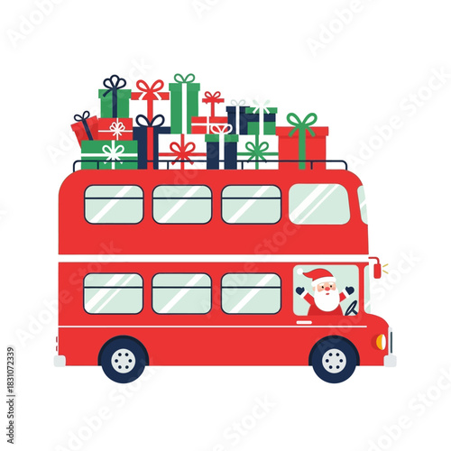 Festive Santa Claus joyriding on a red double-decker bus loaded with christmas presents