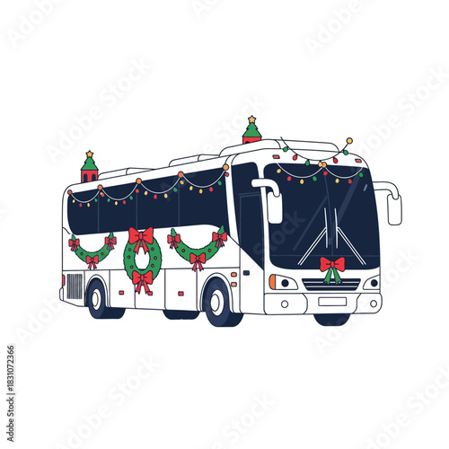 Festive Holiday Travel: A bus adorned with Christmas decorations driving spiritedness