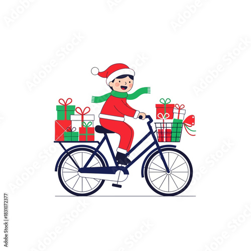 Festive delivery boy in santa outfit biking with gift boxes celebrating christmas eve