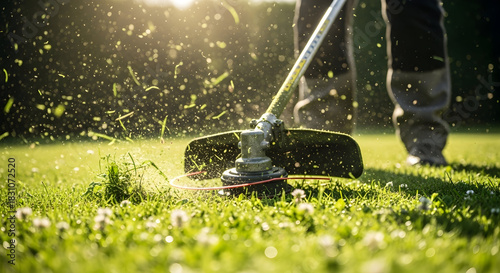 Precision Lawn Care: Achieving the Perfect Cut with a Professional Trimmer for a Healthy Lush Green Grass Backyard in the Golden Hour Light of Summer 180chars