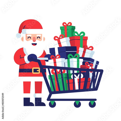 Santa Claus holiday shopping with a brimming shopping cart full of colorful gifts presents