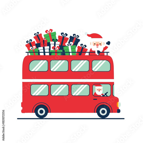 Festive holiday cheer: Santa Claus driving double decker bus with presents