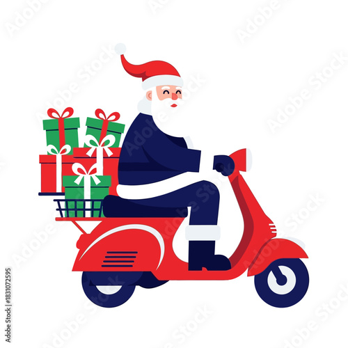 Santa Claus delivering christmas presents with a retro style red scooter swiftly spreading holiday