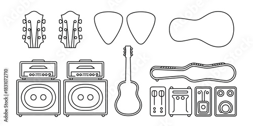 Outline illustration of guitar heads picks body amps case and effects pedals