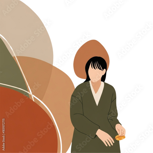 Stylish faceless woman in flowing dress holding leaf, earthy tones and modern organic shapes, perfect for fashion blogs or elegant lifestyle content