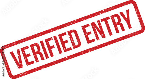 A diagonally oriented red grunge rubber stamp with speckled texture shows VERIFIED and entry text, signifying validated data input or access