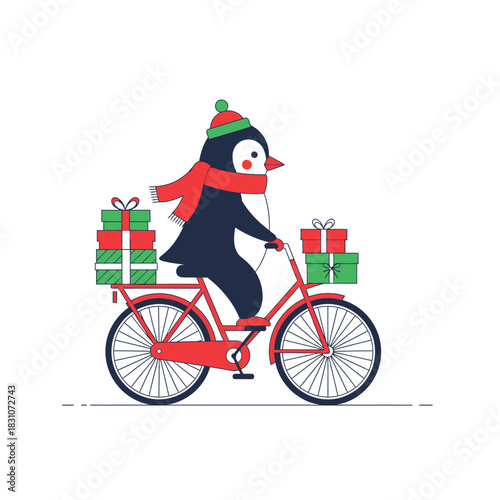 Festive penguin delivering presents on bicycle in a winter wonderland celebration