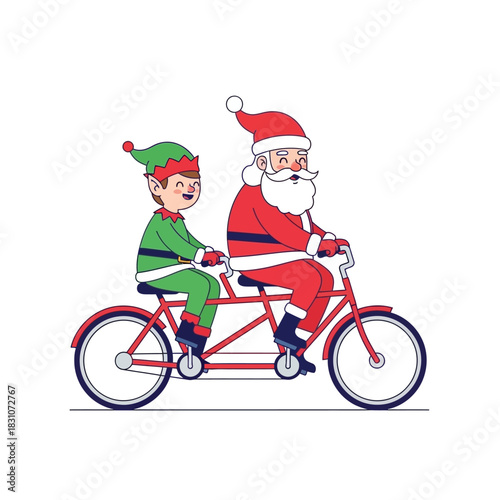 Festive Holiday Tandem: Santa and Elf Cycling Together in Joyful Celebration