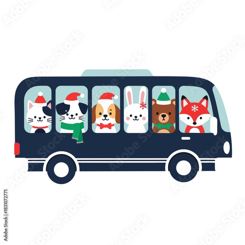 Festive animal friends joyfully ride a whimsical bus adorned with holiday cheer for a joyful trip