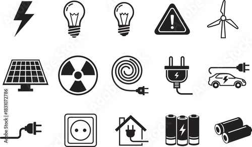 Comprehensive collection of energy and electricity icons with renewable, nuclear, power, and charging elements. Vector