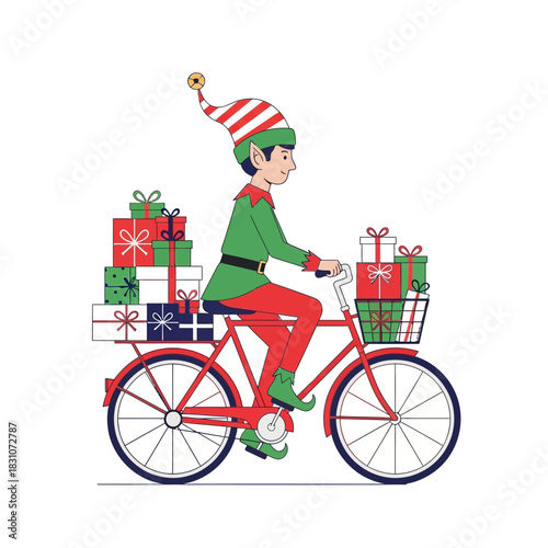 Festive elf delivering christmas presents on a bicycle spreading holiday cheer and joy to all