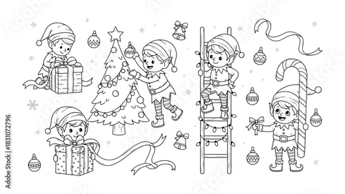 Holiday Elves: A collection of charming elves engaged in the delightful task of decorating for a festive Christmas season, embodying the spirit of gift-giving and cheer.