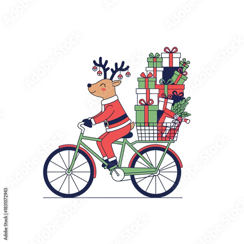 Festive reindeer delivering christmas gifts by bicycle for holiday season joy