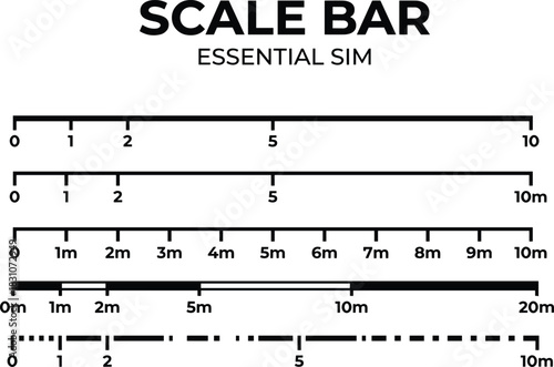 Essential Simulation Vector Scale Bar Graphic Design Element Collection: Diverse Rulers for Map Measurement, Architectural Drawings, Blueprint Drafting, and Technical Illustration Projects.