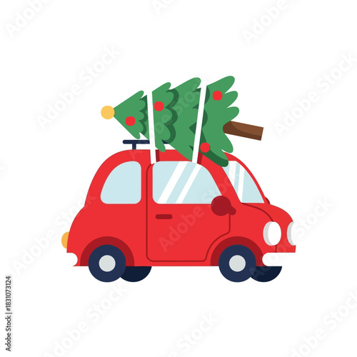 Festive Holiday Travel: Red Car Carrying Christmas Tree for Celebration Journey
