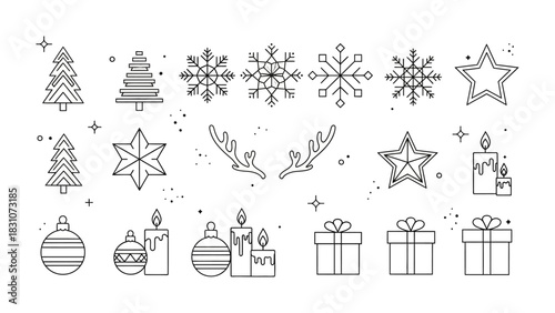 Festive Symbols: A collection of decorative holiday elements, including Christmas trees, snowflakes, stars, candles, ornaments, reindeer antlers, and gift boxes. 