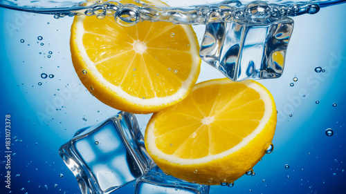 Fresh orange slices and ice cubes splash in water