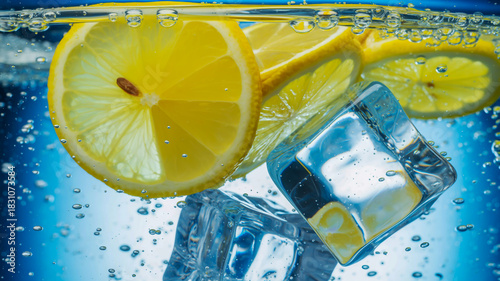 Refreshing lemon slices and ice cubes submerged in water