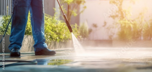 The Pressure Washer Cleaning a Sunlit Concrete Driveway With Powerful Water Spray