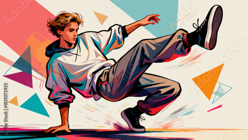This vibrant flat-style illustration shows a group of young men dressed in trendy streetwear performing dynamic hip-hop dance moves with energetic poses, exuding joy and rhythmic energy.