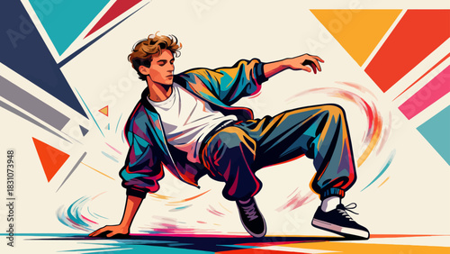 This vibrant flat-style illustration shows a group of young men dressed in trendy streetwear performing dynamic hip-hop dance moves with energetic poses, exuding joy and rhythmic energy.
