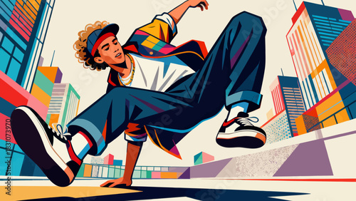 This vibrant flat-style illustration shows a group of young men dressed in trendy streetwear performing dynamic hip-hop dance moves with energetic poses, exuding joy and rhythmic energy.