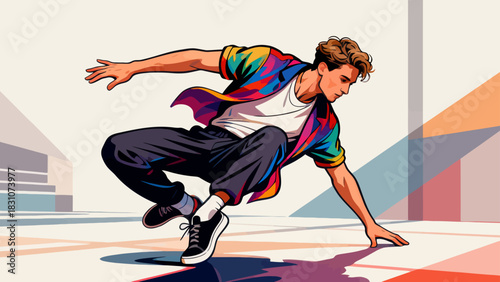 This vibrant flat-style illustration shows a group of young men dressed in trendy streetwear performing dynamic hip-hop dance moves with energetic poses, exuding joy and rhythmic energy.