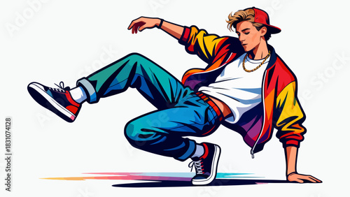 This vibrant flat-style illustration shows a group of young men dressed in trendy streetwear performing dynamic hip-hop dance moves with energetic poses, exuding joy and rhythmic energy.