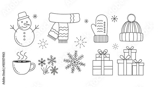 Winter Wonderland: A collection of charming winter symbols, including a snowman, scarf, mitten, hat, snowflake, gift boxes and cup, create a cheerful, seasonal feel.