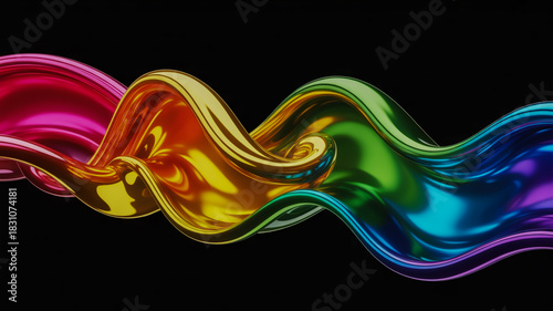 Vibrant rainbow swirl of liquid metal on black background