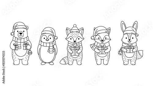 Holiday Animal Greetings: A festive line-up of charming animals adorned with winter hats and scarves, bearing gifts for the holiday season. A heartwarming illustration perfect for seasonal greetings.
