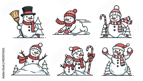 Whimsical Snowman Collection: A delightful collection of playful snowmen in various charming poses. Evoking feelings of warmth, wonder, and the magic of winter. 