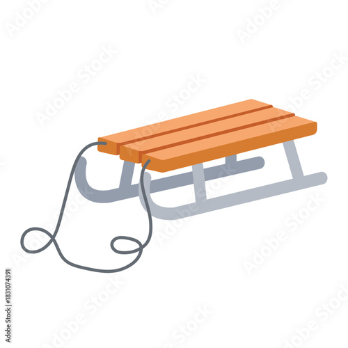 A wooden sled with metal runners. A control cord is attached to the front.