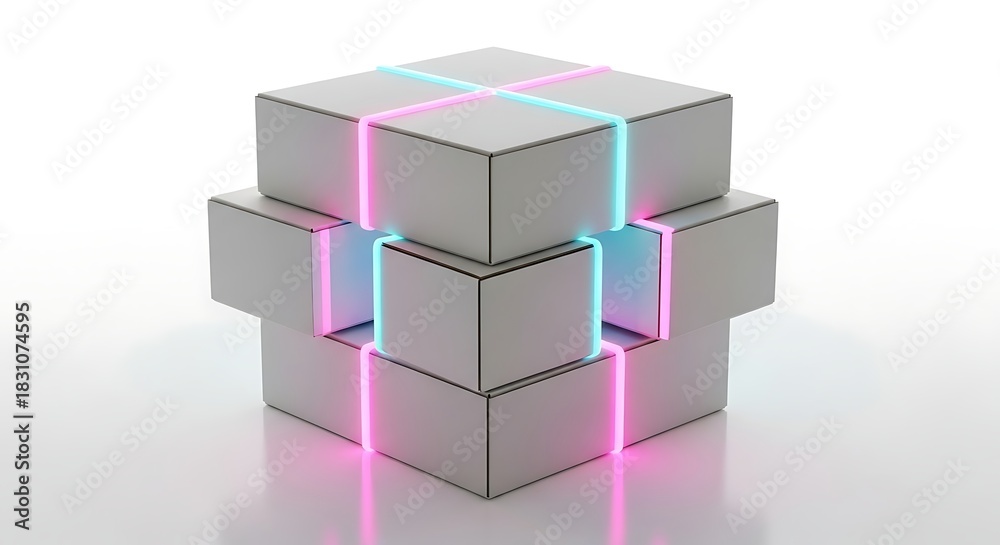 Fototapeta premium Modular white cubes with glowing lights on a clean white reflective surface representing abstract te
